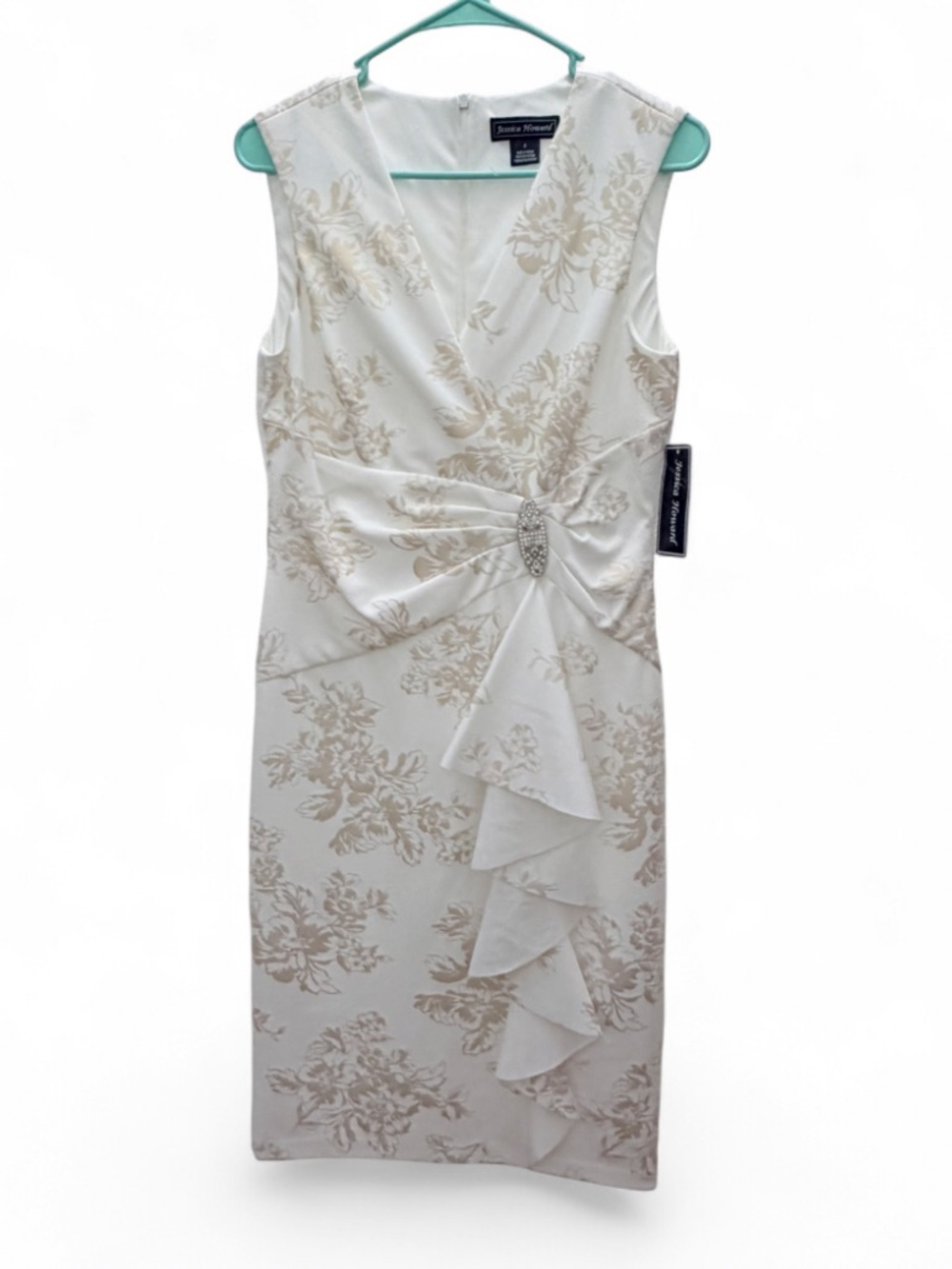 Jessica Howard Cream Floral Jacquard Midi Dress with Ruffle Detail